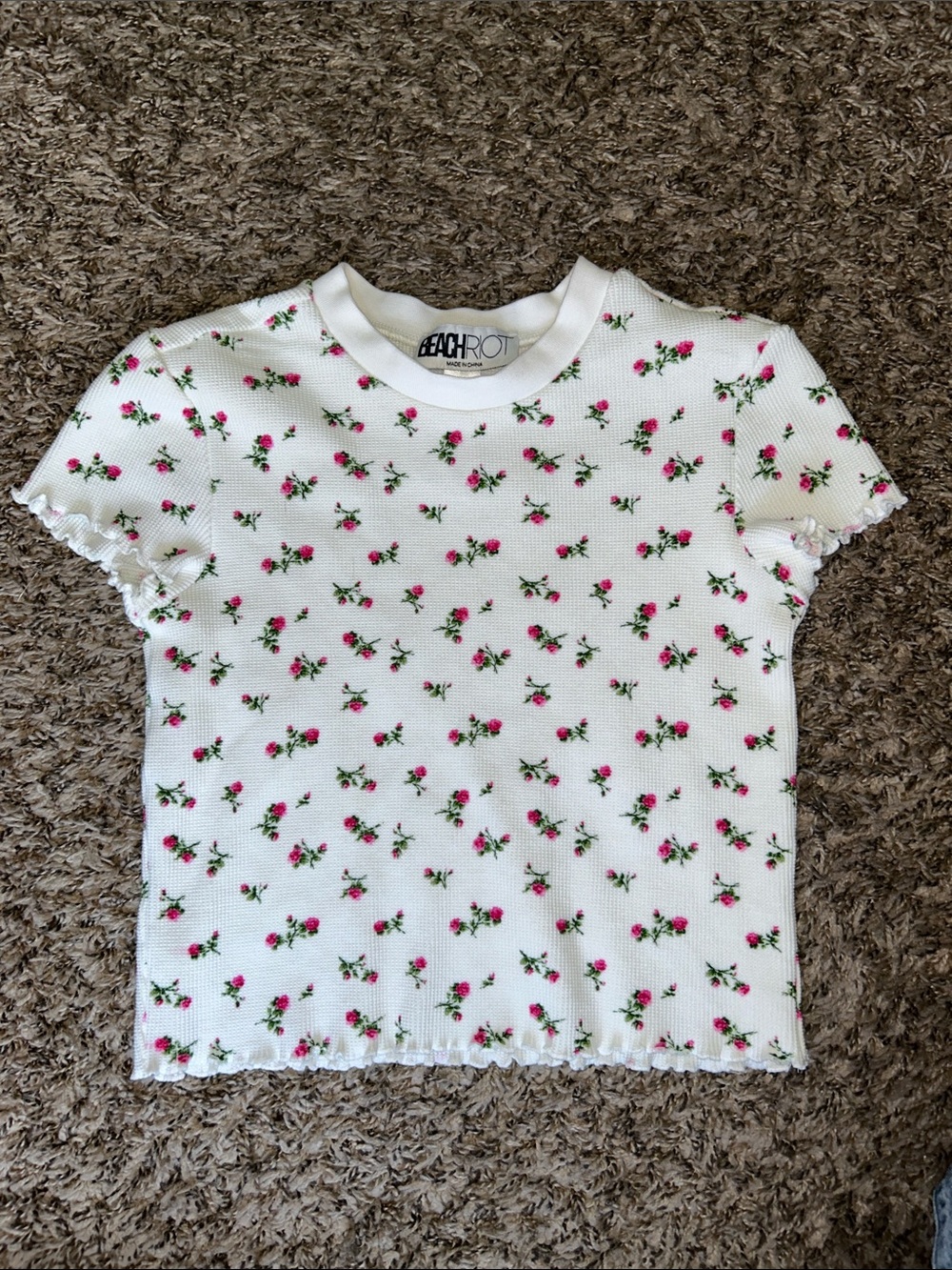 Beach Riot White Tee with Pink Floral Print and Ruffle Trim - Women’s XS